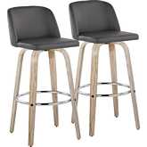 Toriano 30" Swivel Bar Stool in White Washed Wood & Grey Leatherette with Chrome Footrest (Set of 2)